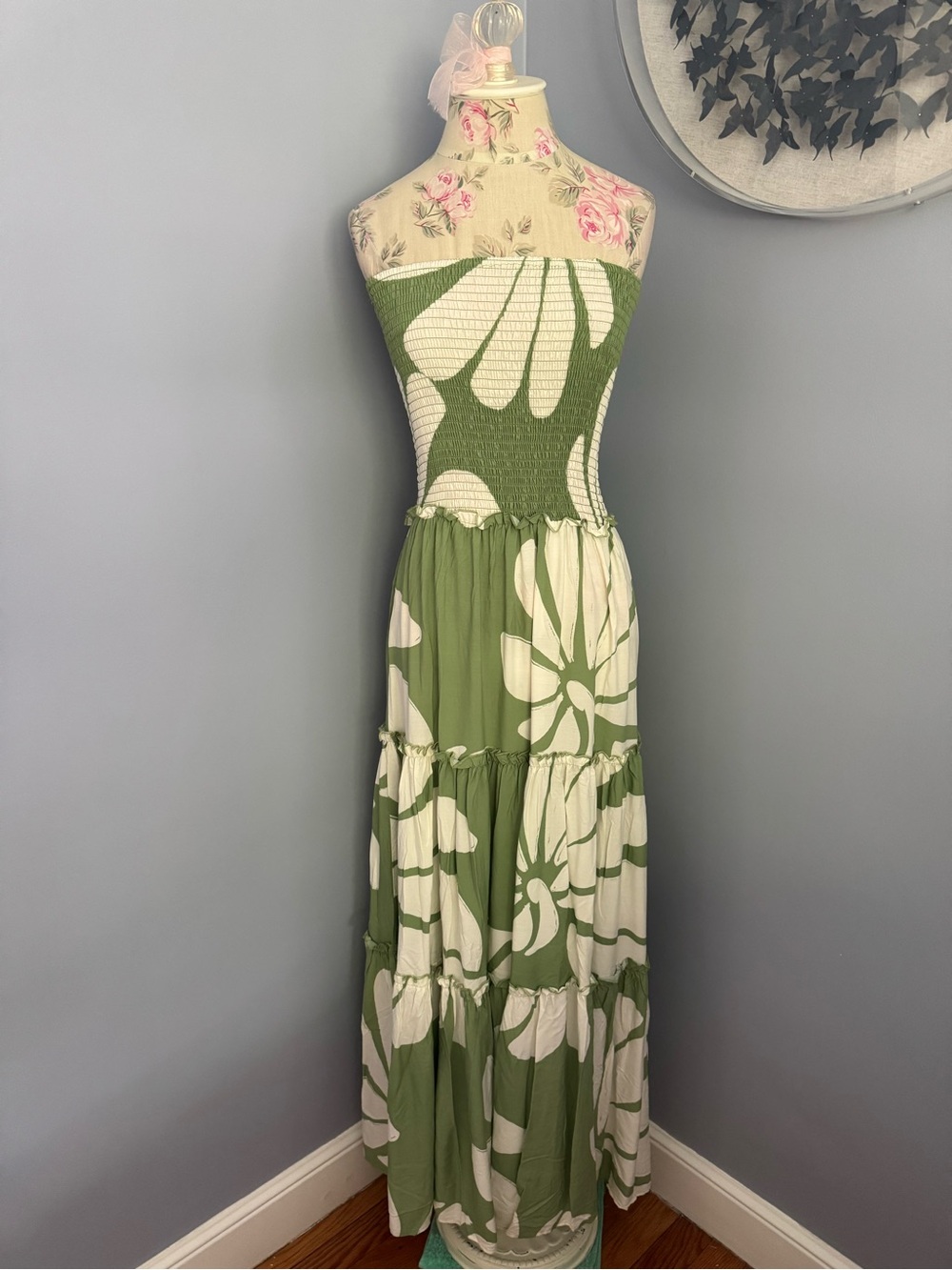 Anthropologie Abel the Label Matcha Green and Cream Floral Smocked Maxi Dress